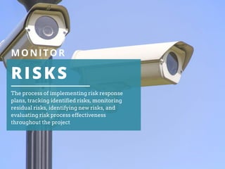 RISKS
MONITOR
The process of implementing risk response
plans, tracking identified risks, monitoring
residual risks, identifying new risks, and
evaluating risk process effectiveness
throughout the project
 