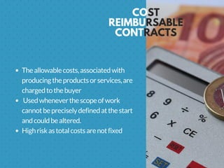 COST
REIMBURSABLE
CONTRACTS
Theallowablecosts,associatedwith
producingtheproductsorservices,are
chargedtothebuyer 
 Usedwheneverthescopeofwork
cannotbepreciselydefinedatthestart
andcouldbealtered.
Highriskastotalcostsarenotfixed
 