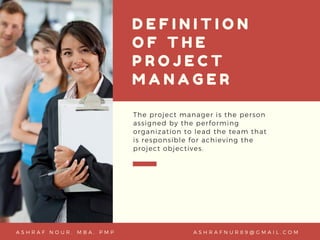 D E F I N I T I O N
O F T H E
P R O J E C T
M A N A G E R
The project manager is the person
assigned by the performing
organization to lead the team that
is responsible for achieving the
project objectives.
L L I C , 2 0 2 0P R E P A R E D B Y N I C O L E L I M A S H R A F N U R 8 9 @ G M A I L . C O MA S H R A F N O U R , M B A , P M P
 