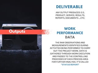 ANY OUTPUT PRODUCED: E.G.
PRODUCT, SERVICE, RESULTS,
REPORTS, DOCUMENTS ….ETC.
DELIVERABLE
THE RAW OBSERVATIONS AND
MEASUREMENTS IDENTIFIED DURING
ACTIVITIES BEING PERFORMED TO CARRY
OUT THE PROJECT WORK. DATA IS
GATHERED THROUGH WORK EXECUTION
AND PASSED TO THE CONTROLLING
PROCESSES OF EACH PROCESS AREA
FOR FURTHER ANALYSIS. IT’S CALLED
“STATUS REPORT’
WORK
PERFORMANCE
DATA
Outputs
 