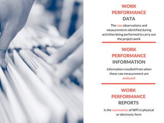 WORK
PERFORMANCE
DATA
WORK
PERFORMANCE
REPORTS
WORK
PERFORMANCE
INFORMATION
The raw observations and
measurements identified during
activities being performed to carry out
the project work
information resulted from when
these raw measurement are
analyzed 
Is the summation of WPI in physical
or electronic form
 