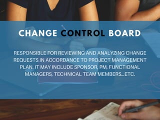 RESPONSIBLE FOR REVIEWING AND ANALYZING CHANGE
REQUESTS IN ACCORDANCE TO PROJECT MANAGEMENT
PLAN. IT MAY INCLUDE SPONSOR, PM, FUNCTIONAL
MANAGERS, TECHNICAL TEAM MEMBERS…ETC.
CHANGE CONTROL BOARD
 