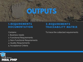 OUTPUTS
1.REQUIREMENTS
DOCUMENTATION
Contains:
1. Business needs
2. Functional Requirements
3. Non-Functional Requirements
4. Quality Requirements
5. Acceptance Criteria
2.REQUIREMENTS
TRACEABILITY MATRIX
To trace the collected requirements 
MBA, PMP
A s h r a f O s m a n
 