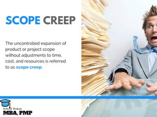 SCOPE CREEP
The uncontrolled expansion of
product or project scope
without adjustments to time,
cost, and resources is referred
to as scope creep. 
MBA, PMP
A s h r a f O s m a n
 