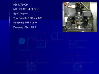 HD-1, T0909
MILL FLATS [4 PLCS.]
@ 90 Degree
Tool Spindle RPM = 4,000
Roughing IPM = 95.0
Finishing IPM = 30.0
 