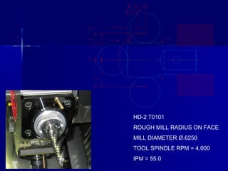 HD-2 T0101
ROUGH MILL RADIUS ON FACE
MILL DIAMETER Ø.6250
TOOL SPINDLE RPM = 4,000
IPM = 55.0
 