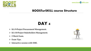 www.boosturskills.com
BOOSTurSKILL course Structure
 KA 9-Project Procurement Management.
 KA 10-Project Stakeholders Management.
 2 Mock Exam.
 Exam Tips.
 Interactive session with SME.
DAY 4
 