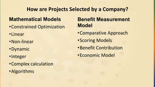 How are Projects Selected by a Company?
Mathematical Models
•Constrained Optimization
•Linear
•Non-linear
•Dynamic
•Integer
•Complex calculation
•Algorithms
Benefit Measurement
Model
•Comparative Approach
•Scoring Models
•Benefit Contribution
•Economic Model
 