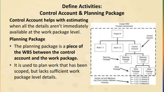 Define Activities:
Control Account & Planning Package
Control Account helps with estimating
when all the details aren’t immediately
available at the work package level.
Planning Package
• The planning package is a piece of
the WBS between the control
account and the work package.
• It is used to plan work that has been
scoped, but lacks sufficient work
package level details.
 