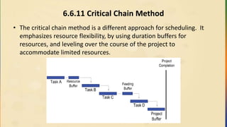 6.6.11 Critical Chain Method
• The critical chain method is a different approach for scheduling. It
emphasizes resource flexibility, by using duration buffers for
resources, and leveling over the course of the project to
accommodate limited resources.
 