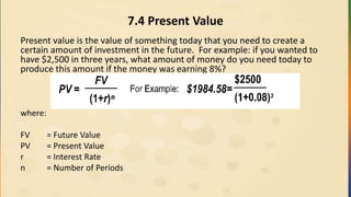 7.4 Present Value
Present value is the value of something today that you need to create a
certain amount of investment in the future. For example: if you wanted to
have $2,500 in three years, what amount of money do you need today to
produce this amount if the money was earning 8%?
where:
FV = Future Value
PV = Present Value
r = Interest Rate
n = Number of Periods
 