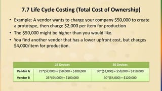 7.7 Life Cycle Costing (Total Cost of Ownership)
• Example: A vendor wants to charge your company $50,000 to create
a prototype, then charge $2,000 per item for production
• The $50,000 might be higher than you would like.
• You find another vendor that has a lower upfront cost, but charges
$4,000/item for production.
25 Devices 30 Devices
Vendor A 25*($2,000) + $50,000 = $100,000 30*($2,000) + $50,000 = $110,000
Vendor B 25*($4,000) = $100,000 30*($4,000) = $120,000
 