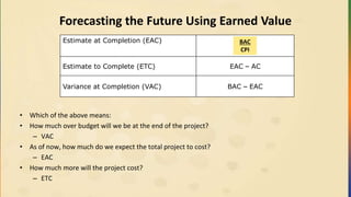 Forecasting the Future Using Earned Value
• Which of the above means:
• How much over budget will we be at the end of the project?
– VAC
• As of now, how much do we expect the total project to cost?
– EAC
• How much more will the project cost?
– ETC
Estimate at Completion (EAC)
Estimate to Complete (ETC) EAC – AC
Variance at Completion (VAC) BAC – EAC
BAC
CPI
 