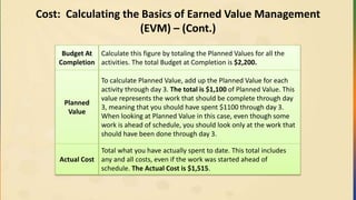 Cost: Calculating the Basics of Earned Value Management
(EVM) – (Cont.)
Budget At
Completion
Calculate this figure by totaling the Planned Values for all the
activities. The total Budget at Completion is $2,200.
Planned
Value
To calculate Planned Value, add up the Planned Value for each
activity through day 3. The total is $1,100 of Planned Value. This
value represents the work that should be complete through day
3, meaning that you should have spent $1100 through day 3.
When looking at Planned Value in this case, even though some
work is ahead of schedule, you should look only at the work that
should have been done through day 3.
Actual Cost
Total what you have actually spent to date. This total includes
any and all costs, even if the work was started ahead of
schedule. The Actual Cost is $1,515.
 