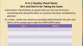 8.11.5 Quality Check Sheet:
Do’s and Don’ts for Taking the Exam
Instructions: Checksheets are good tools you can use to ensure
everything that should be done in a process has been completed as
planned.
As a team, create two columns providing information for the do’s and
don’ts of for preparing to take the PMP/CAPM exam.
 