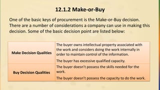 12.1.2 Make-or-Buy
One of the basic keys of procurement is the Make-or-Buy decision.
There are a number of considerations a company can use in making this
decision. Some of the basic decision point are listed below:
Make Decision Qualities
The buyer owns intellectual property associated with
the work and considers doing the work internally in
order to maintain control of the information.
The buyer has excessive qualified capacity.
Buy Decision Qualities
The buyer doesn’t possess the skills needed for the
work.
The buyer doesn’t possess the capacity to do the work.
 