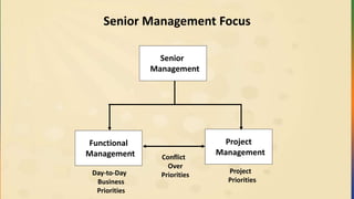 Senior Management Focus
Senior
Management
Project
Management
Functional
Management
Day-to-Day
Business
Priorities
Project
Priorities
Conflict
Over
Priorities
 
