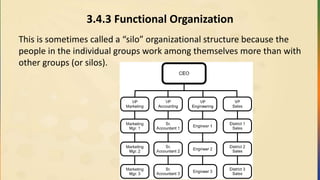 3.4.3 Functional Organization
This is sometimes called a “silo” organizational structure because the
people in the individual groups work among themselves more than with
other groups (or silos).
 
