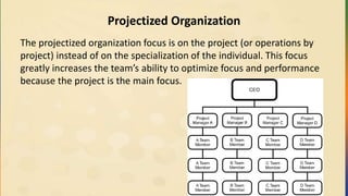 Projectized Organization
The projectized organization focus is on the project (or operations by
project) instead of on the specialization of the individual. This focus
greatly increases the team’s ability to optimize focus and performance
because the project is the main focus.
 