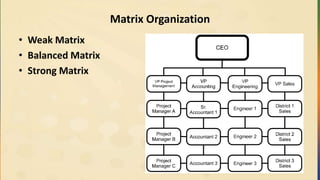 Matrix Organization
• Weak Matrix
• Balanced Matrix
• Strong Matrix
 