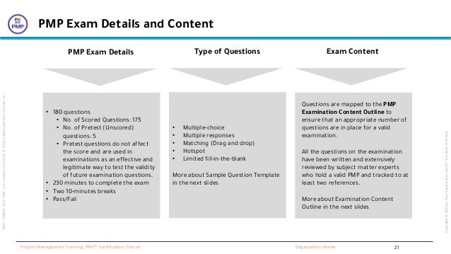 “PMI”,
“PMBOK”
and
“PMP”
are
a
registered
marks
of
Project
Management
Institute,
Inc
Organization Name
Project Management Training: PMP® Certification Course
Copyright
©
2022
by
Your
Organization
Name”.
All
rights
reserved.
PMP Exam Details and Content
• 180 questions
• No. of Scored Questions: 175
• No. of Pretest (Unscored)
questions: 5
• Pretest questions do not affect
the score and are used in
examinations as an effective and
legitimate way to test the validity
of future examination questions.
• 230 minutes to complete the exam
• Two 10-minutes breaks
• Pass/Fail
PMP Exam Details
• Multiple-choice
• Multiple responses
• Matching (Drag and drop)
• Hotspot
• Limited fill-in-the-blank
More about Sample Question Template
in the next slides
Type of Questions
Questions are mapped to the PMP
Examination Content Outline to
ensure that an appropriate number of
questions are in place for a valid
examination.
All the questions on the examination
have been written and extensively
reviewed by subject matter experts
who hold a valid PMP and tracked to at
least two references.
More about Examination Content
Outline in the next slides
Exam Content
21
 