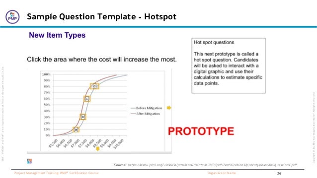 “PMI”,
“PMBOK”
and
“PMP”
are
a
registered
marks
of
Project
Management
Institute,
Inc
Organization Name
Project Management Training: PMP® Certification Course
Copyright
©
2022
by
Your
Organization
Name”.
All
rights
reserved.
Sample Question Template – Hotspot
Source: https://www.pmi.org/-/media/pmi/documents/public/pdf/certifications/prototype-exam-questions.pdf
26
 
