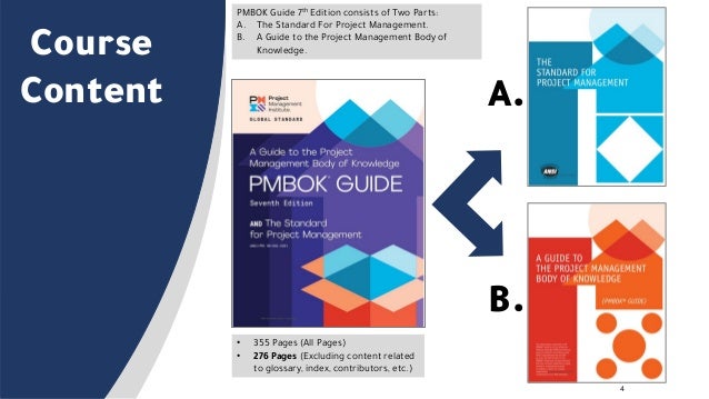 4
Course
Content A.
B.
PMBOK Guide 7th Edition consists of Two Parts:
A. The Standard For Project Management.
B. A Guide to the Project Management Body of
Knowledge.
• 355 Pages (All Pages)
• 276 Pages (Excluding content related
to glossary, index, contributors, etc.)
 