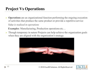 Project Vs Operations
 Operations are an organizational function performing the ongoing execution
of activities that produce the same product or provide a repetitiveservice
Value is realized in operations
Examples: Manufacturing, Production operations etc…
 Though temporary in nature Projects can help achieve the organization goals
when they are aligned with the organization’s strategy.
13 © 2018 ExcelR Solutions. All RightsReserved
 