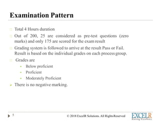 Examination Pattern
Total 4 Hours duration
Out of 200, 25 are considered as pre-test questions (zero
marks) and only 175 are scored for the exam result
Grading system is followed to arrive at the result Pass or Fail.
Result is based on the individual grades on each processgroup.
Grades are
 Below proficient
 Proficient
 Moderately Proficient
 There is no negative marking.
5 © 2018 ExcelR Solutions. All RightsReserved
 
