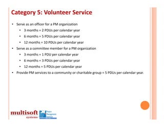 Category 5: Volunteer Service
• Serve as an officer for a PM organization
    • 3 months = 2 PDUs per calendar year
    • 6 months = 5 PDUs per calendar year
    • 12 months = 10 PDUs per calendar year
• Serve as a committee member for a PM organization
    • 3 months = 1 PDU per calendar year
    • 6 months = 3 PDUs per calendar year
    • 12 months = 5 PDUs per calendar year
• Provide PM services to a community or charitable group = 5 PDUs per calendar year.
 