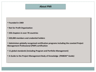 Founded in 1969 Not for Profit Organization 250 chapters in over 70 countries 420,000 members and credential holders Administers globally recognized certification programs including the coveted Project Management Professional (PMP) certification 11 global standards (including Program and Portfolio Management) A Guide to the Project Management Body of Knowledge  (PMBOK® Guide) About PMI 