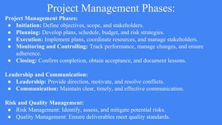 Project Management Phases:
Project Management Phases:
● Initiation: Define objectives, scope, and stakeholders.
● Planning: Develop plans, schedule, budget, and risk strategies.
● Execution: Implement plans, coordinate resources, and manage stakeholders.
● Monitoring and Controlling: Track performance, manage changes, and ensure
adherence.
● Closing: Confirm completion, obtain acceptance, and document lessons.
Leadership and Communication:
● Leadership: Provide direction, motivate, and resolve conflicts.
● Communication: Maintain clear, timely, and effective communication.
Risk and Quality Management:
● Risk Management: Identify, assess, and mitigate potential risks.
● Quality Management: Ensure deliverables meet quality standards.
 
