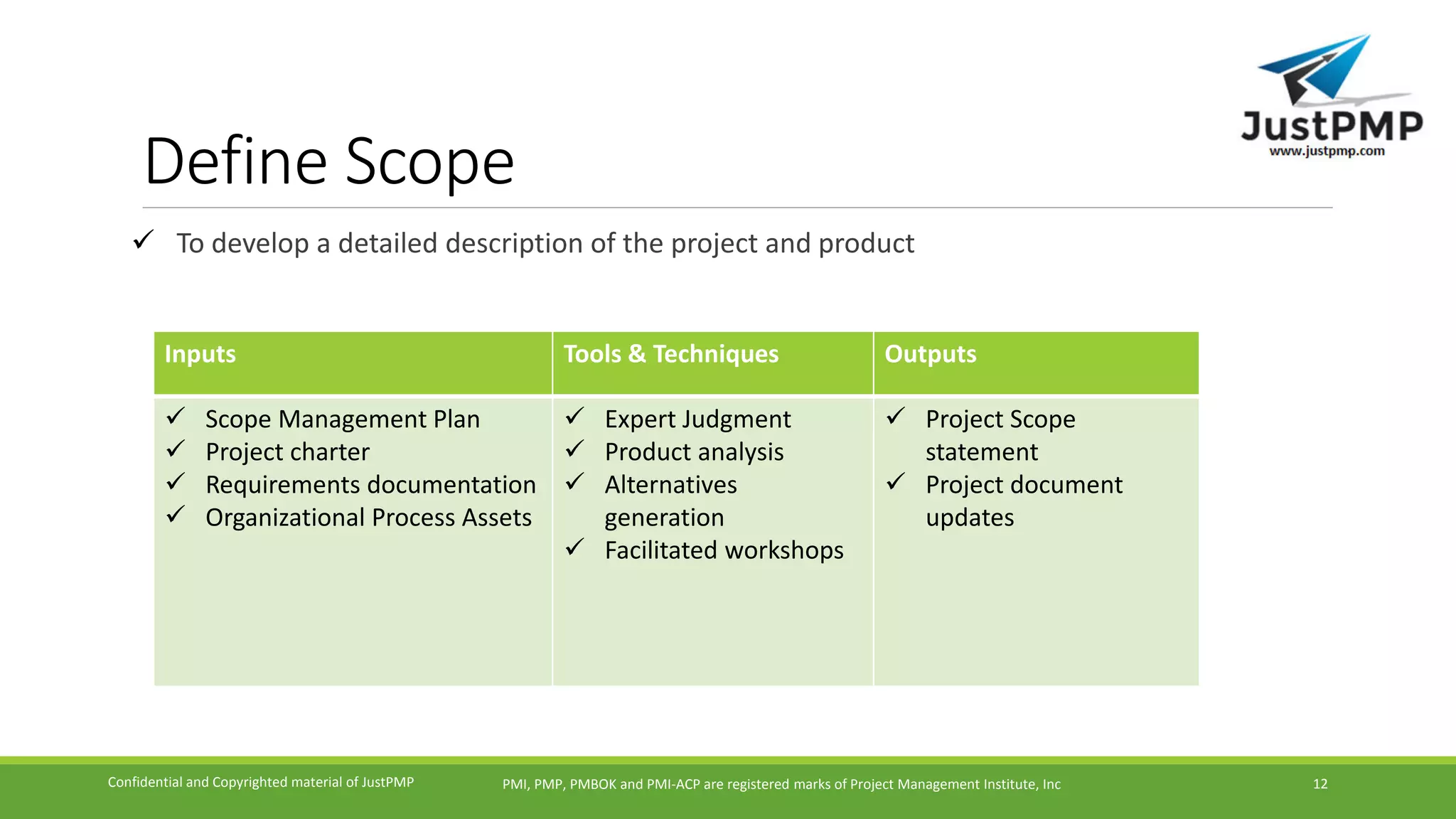 Define Scope
 To develop a detailed description of the project and product
PMI, PMP, PMBOK and PMI-ACP are registered marks of Project Management Institute, IncConfidential and Copyrighted material of JustPMP 12
Inputs Tools & Techniques Outputs
 Scope Management Plan
 Project charter
 Requirements documentation
 Organizational Process Assets
 Expert Judgment
 Product analysis
 Alternatives
generation
 Facilitated workshops
 Project Scope
statement
 Project document
updates
 