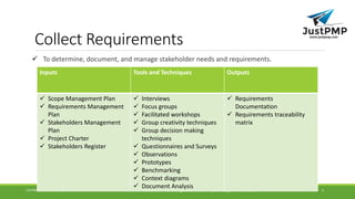 Collect Requirements
 To determine, document, and manage stakeholder needs and requirements.
PMI, PMP, PMBOK and PMI-ACP are registered marks of Project Management Institute, IncConfidential and Copyrighted material of JustPMP 5
Inputs Tools and Techniques Outputs
 Scope Management Plan
 Requirements Management
Plan
 Stakeholders Management
Plan
 Project Charter
 Stakeholders Register
 Interviews
 Focus groups
 Facilitated workshops
 Group creativity techniques
 Group decision making
techniques
 Questionnaires and Surveys
 Observations
 Prototypes
 Benchmarking
 Context diagrams
 Document Analysis
 Requirements
Documentation
 Requirements traceability
matrix
 