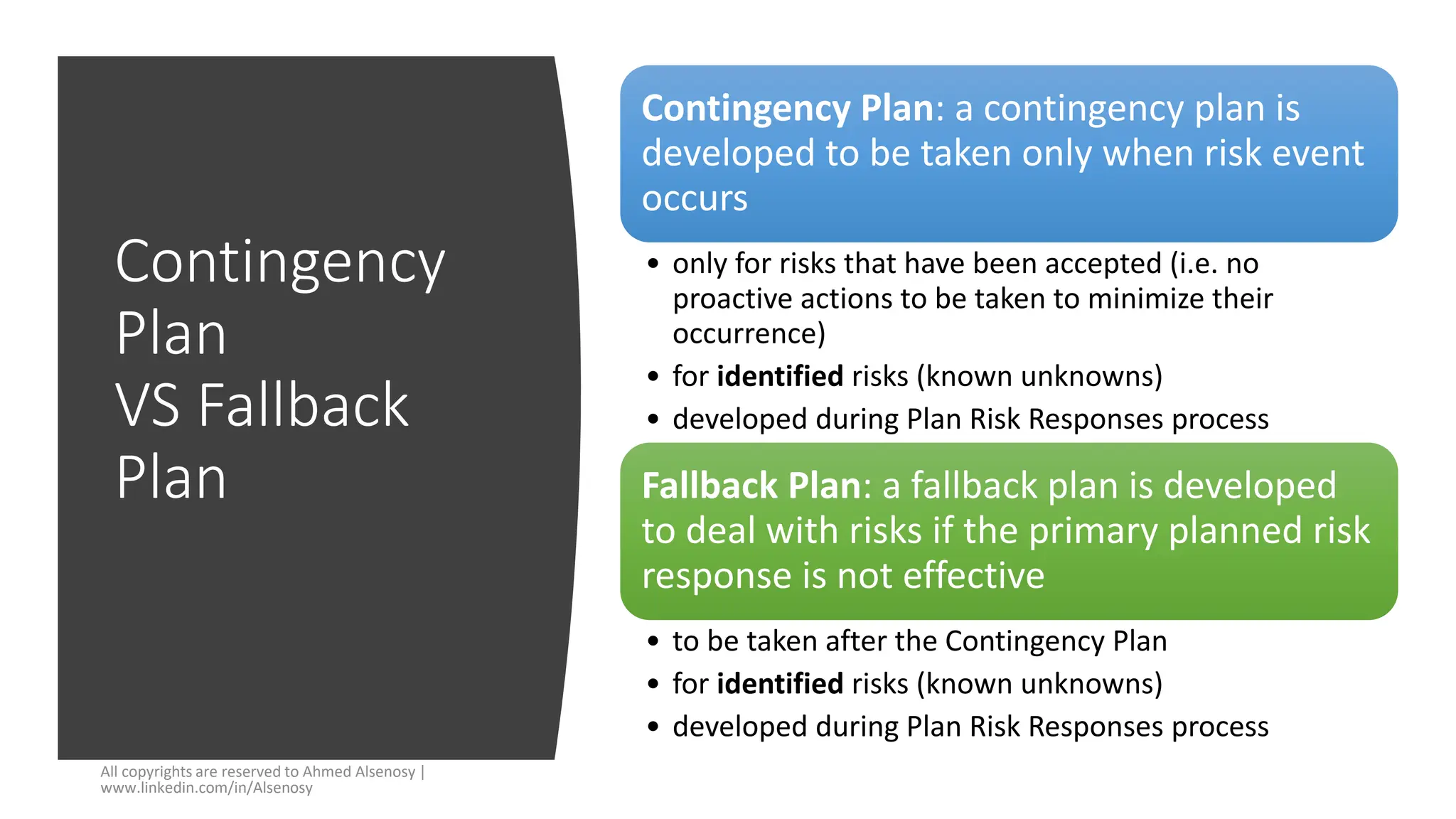 Contingency
Plan
VS Fallback
Plan
All copyrights are reserved to Ahmed Alsenosy |
www.linkedin.com/in/Alsenosy
Contingency Plan: a contingency plan is
developed to be taken only when risk event
occurs
• only for risks that have been accepted (i.e. no
proactive actions to be taken to minimize their
occurrence)
• for identified risks (known unknowns)
• developed during Plan Risk Responses process
Fallback Plan: a fallback plan is developed
to deal with risks if the primary planned risk
response is not effective
• to be taken after the Contingency Plan
• for identified risks (known unknowns)
• developed during Plan Risk Responses process
 