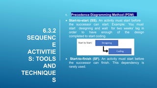 6.3.2
SEQUENC
E
ACTIVITIE
S: TOOLS
AND
TECHNIQUE
S
1. Precedence Diagramming Method (PDM)
 Start-to-start (SS). An activity must start before
the successor can start. Example: You must
start designing and wait for two weeks’ lag in
order to have enough of the design
completed to start coding.
 Start-to-finish (SF). An activity must start before
the successor can finish. This dependency is
rarely used.
 