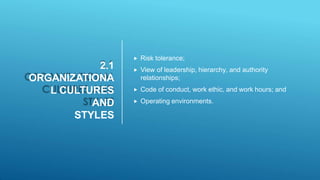 2.1
ORGANIZATIONA
L CULTURES
AND
STYLES
 Risk tolerance;
 View of leadership, hierarchy, and authority
relationships;
 Code of conduct, work ethic, and work hours; and
 Operating environments.
 