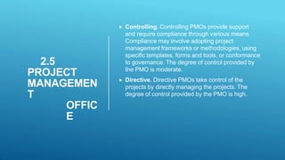 2.5
PROJECT
MANAGEMEN
T
OFFIC
E
 Controlling. Controlling PMOs provide support
and require compliance through various means.
Compliance may involve adopting project
management frameworks or methodologies, using
specific templates, forms and tools, or conformance
to governance. The degree of control provided by
the PMO is moderate.
 Directive. Directive PMOs take control of the
projects by directly managing the projects. The
degree of control provided by the PMO is high.
 
