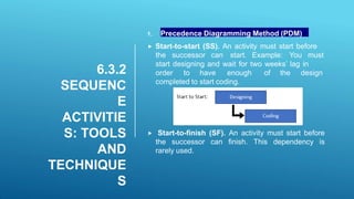 6.3.2
SEQUENC
E
ACTIVITIE
S: TOOLS
AND
TECHNIQUE
S
1. Precedence Diagramming Method (PDM)
 Start-to-start (SS). An activity must start before
the successor can start. Example: You must
start designing and wait for two weeks’ lag in
order to have enough of the design
completed to start coding.
 Start-to-finish (SF). An activity must start before
the successor can finish. This dependency is
rarely used.
 