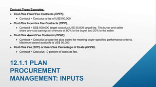 Contract Types Examples:
 Cost Plus Fixed Fee Contracts (CPFF).
 Contract = Cost plus a fee of US$100,000
 Cost Plus Incentive Fee Contracts (CPIF).
 Contract = US$ 500,000 target cost plus US$ 50,000 target fee. The buyer and seller
share any cost savings or overruns at 80% to the buyer and 20% to the seller.
 Cost Plus Award Fee Contracts (CPAF).
 Contract = Cost plus a base fee plus award for meeting buyer-specified performance criteria.
Maximum award available is US$ 50,000.
 Cost Plus Fee (CPF) or Cost-Plus Percentage of Costs (CPPC).
 Contract = Cost plus 10 percent of costs as fee.
12.1.1 PLAN
PROCUREMENT
MANAGEMENT: INPUTS
 