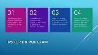 TIPS FOR THE PMP EXAM
Skip lengthy and
difficult questions,
especially at the
beginning of the
exam.
01
Mark doubtful
questions for
review in a second
or third pass
through the exam.
02
Respond to any
skipped questions
in the second pass
through the exam.
03
Respond to any
marked questions
after all skipped
questions have
been answered.
04
 