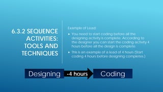 6.3.2 SEQUENCE
ACTIVITIES:
TOOLS AND
TECHNIQUES
Example of Lead:
 You need to start coding before all the
designing activity is complete. According to
the designer you can start the coding activity 4
hours before all the design is complete.
 This is an example of a lead of 4 hours (Start
coding 4 hours before designing completes.)
Designing Coding
-4 hours
 