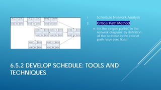 6.5.2 DEVELOP SCHEDULE: TOOLS AND
TECHNIQUES
1. Schedule Network Analysis
2. Critical Path Method
 It is the longest path(s) in the
network diagram. By definition
all the activities in the critical
path have zero float.
 