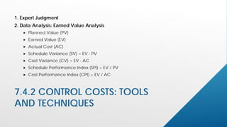 7.4.2 CONTROL COSTS: TOOLS
AND TECHNIQUES
1. Expert Judgment
2. Data Analysis: Earned Value Analysis
 Planned Value (PV)
 Earned Value (EV)
 Actual Cost (AC)
 Schedule Variance (SV) = EV - PV
 Cost Variance (CV) = EV - AC
 Schedule Performance Index (SPI) = EV / PV
 Cost Performance Index (CPI) = EV / AC
 