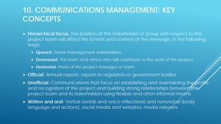10. COMMUNICATIONS MANAGEMENT: KEY
CONCEPTS
 Hierarchical focus. The position of the stakeholder or group with respect to the
project team will affect the format and content of the message, in the following
ways:
 Upward. Senior management stakeholders.
 Downward. The team and others who will contribute to the work of the project.
 Horizontal. Peers of the project manager or team.
 Official. Annual reports; reports to regulators or government bodies.
 Unofficial. Communications that focus on establishing and maintaining the profile
and recognition of the project and building strong relationships between the
project team and its stakeholders using flexible and often informal means.
 Written and oral. Verbal (words and voice inflections) and nonverbal (body
language and actions), social media and websites, media releases
 