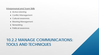 10.2.2 MANAGE COMMUNICATIONS:
TOOLS AND TECHNIQUES
Interpersonal and Team Skills
 Active Listening
 Conflict Management
 Cultural awareness
 Meeting Management
 Networking
 Political awareness
 