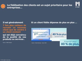 © All rights reserved
La fidélisation des clients est un sujet prioritaire pour les
entreprises…
Source : PMP analysis Source : Etude Genesys – Sept. 2015
Il est généralement
7 fois plus coûteux de
recruter un nouveau
client que de vendre à
un client existant
qui est déjà convaincu
de la qualité de vos
produits ou services .
Et un client fidèle dépense de plus en plus …
2
 