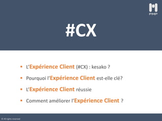 © All rights reserved
#CX
 L’Expérience Client (#CX) : kesako ?
 Pourquoi l’Expérience Client est-elle clé?
 L’Expérience Client réussie
 Comment améliorer l’Expérience Client ?
 