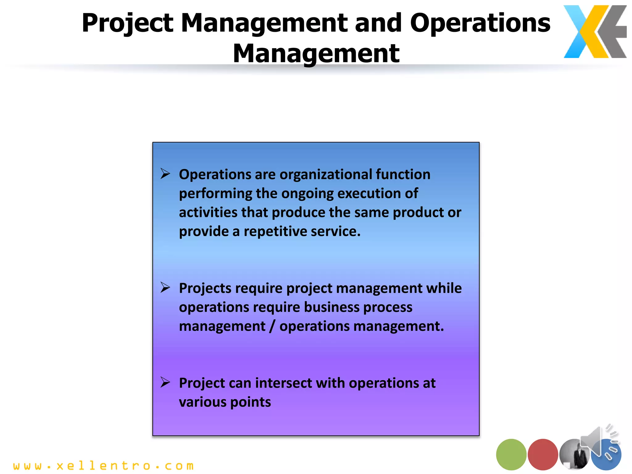 Project Management and Operations
Management
 Operations are organizational function
performing the ongoing execution of
activities that produce the same product or
provide a repetitive service.
 Projects require project management while
operations require business process
management / operations management.
 Project can intersect with operations at
various points
 