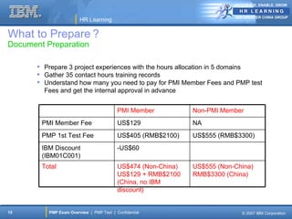 ANTICIPATE, ENABLE, GROW


                                                                           IBM GREATER CHINA GROUP
                        HR Learning

What to Prepare ?
Document Preparation

        Prepare 3 project experiences with the hours allocation in 5 domains
        Gather 35 contact hours training records
        Understand how many you need to pay for PMI Member Fees and PMP test
         Fees and get the internal approval in advance


                                          PMI Member           Non-PMI Member
        PMI Member Fee                    US$129               NA
        PMP 1st Test Fee                  US$405 (RMB$2100)    US$555 (RMB$3300)
        IBM Discount                      -US$60
        (IBM01C001)
        Total                             US$474 (Non-China)   US$555 (Non-China)
                                          US$129 + RMB$2100    RMB$3300 (China)
                                          (China, no IBM
                                          discount)


15        PMP Exam Overview | PMP Test | Confidential                         © 2007 IBM Corporation
 